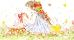 Rule 34 | 1girl, animal, arched bangs, braid, brown hair, cat, closed eyes, clothed animal, dress, flower, highres, long hair, on grass, oniheya 53, open mouth, original, outdoors, painting (medium), rabbit, sleeveless, sleeveless dress, solo, traditional media, watercolor (medium), white background, white cat, white dress
