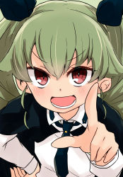 Rule 34 | 1girl, absurdres, anchovy (girls und panzer), anzio school uniform, barashiya, black cape, black necktie, black ribbon, blush, cape, commentary, dress shirt, drill hair, girls und panzer, green hair, hair ribbon, hand on own hip, highres, long hair, long sleeves, looking at viewer, necktie, open mouth, pointing, pointing at viewer, red eyes, ribbon, school uniform, shirt, smile, solo, twin drills, twintails, upper body, white shirt