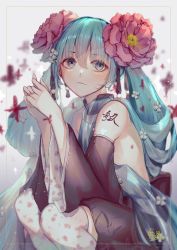 Rule 34 | 1girl, :3, absurdres, adapted costume, alpakakkax2, blue eyes, blue hair, closed mouth, detached collar, detached sleeves, flower, framed, grey background, grey skirt, grey sleeves, hair between eyes, hair flower, hair ornament, hatsune miku, highres, long hair, long sleeves, looking at viewer, miniskirt, pink flower, skirt, solo, squatting, thighhighs, twintails, very long hair, vocaloid, white thighhighs, wide sleeves, zettai ryouiki