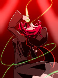 Rule 34 | 1girl, arm up, bad id, bad nicoseiga id, black jacket, buttons, clenched hand, commentary request, faceless, from side, highres, holding, holding microphone, hood, hood up, hooded jacket, jacket, kemurikusa, long sleeves, looking up, microphone, open mouth, red background, red hair, red scarf, riku (kemurikusa), scarf, sharp teeth, short hair, solo, teeth, tsukushi (741789), underskirt