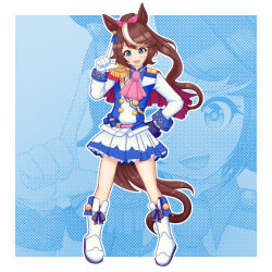 Rule 34 | 1girl, :d, absurdres, animal ears, ascot, asymmetrical gloves, blue eyes, blue gloves, blush, boots, brown hair, collared jacket, commentary, english commentary, epaulettes, floating hair, full body, gloves, hair ribbon, hand up, highres, horse ears, horse girl, horse tail, index finger raised, jacket, knee boots, long hair, looking at viewer, meulahke, mismatched gloves, multicolored hair, open mouth, outline, pigeon-toed, pink ascot, pink ribbon, pleated skirt, ponytail, ribbon, single epaulette, skirt, smile, solo, standing, streaked hair, tail, tokai teio (umamusume), umamusume, very long hair, white footwear, white gloves, white hair, white jacket, white outline, white skirt, zoom layer