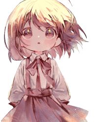 Rule 34 | 1girl, ahoge, blonde hair, bow, brown eyes, collared shirt, highres, long sleeves, looking at viewer, mechuragi, original, parted lips, pink bow, pink skirt, pleated skirt, puffy long sleeves, puffy sleeves, shirt, simple background, skirt, solo, suspender skirt, suspenders, white background, white shirt