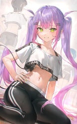 Rule 34 | 3girls, absurdres, black bra, black pants, black sports bra, blush, bra, bra strap, breasts, character name, clothes writing, commentary, crop top, crop top overhang, cropped shirt, demon tail, ear piercing, feet out of frame, green eyes, hair ornament, hairclip, hand on own hip, highres, hololive, hololive dance practice uniform, hoshimachi suisei, long hair, looking at viewer, medium breasts, midriff, mr.lime, multicolored hair, multicolored nails, multiple girls, multiple piercings, nail polish, navel, navel piercing, official alternate costume, oozora subaru, pants, parted lips, piercing, pink hair, purple hair, purple nails, shirt, short sleeves, sitting, smile, solo focus, sports bra, stomach, tail, tail ornament, tail piercing, tail under clothes, tokoyami towa, twintails, two-tone hair, underwear, very long hair, virtual youtuber, white shirt, yellow nails, yoga pants