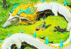 Rule 34 | 1boy, absurdres, archaic set (zelda), arm tattoo, blonde hair, blue eyes, blue tunic, campfire, commentary request, dragon, earrings, fish (food), grasslands, grilled fish, hair down, highres, holding, holding stick, indian style, jewelry, light dragon (zelda), link, luckydogss, medium hair, nintendo, outdoors, pointy ears, sandals, single bare shoulder, sitting, stick, tattoo, the legend of zelda, the legend of zelda: tears of the kingdom