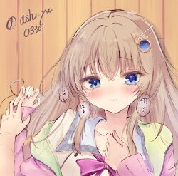 Rule 34 | 1girl, 1other, 9-nine-, aroused, ashiyu0330, blue eyes, blush, bow, cardigan, clenched hand, close-up, collarbone, commentary request, eyelashes, eyes visible through hair, fingernails, gear hair ornament, hair between eyes, hair spread out, hand up, heavy breathing, highres, kujou miyako, light brown hair, long hair, looking at viewer, lying, off shoulder, on back, on floor, open cardigan, open clothes, parted lips, pink bow, pink sweater, pov, pov hands, school uniform, shirt, sidelocks, sleeves past wrists, solo focus, speech bubble, star (symbol), straight-on, sweat, sweater, translated, twitter username, visible air, white shirt, wing collar, wing hair ornament, yukadon