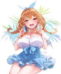 Rule 34 | 1girl, bare shoulders, birthday, blonde hair, blue skirt, blush, bow, braid, breasts, brown hair, cleavage, collarbone, commentary request, cowboy shot, crossed bangs, curvy, dress, frilled sleeves, frills, hair between eyes, hair bow, hands up, headphones, headphones around neck, highres, holding, holding headphones, indie virtual youtuber, kanola u, large breasts, legs together, long hair, looking at viewer, off-shoulder dress, off shoulder, open mouth, orange hair, original, palm leaf, red eyes, shirt, sidelocks, simple background, sitting, skirt, smile, solo, teeth, thick thighs, thighs, twin braids, upper teeth only, virtual youtuber, white background, white shirt