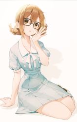 Rule 34 | 1girl, :o, absurdres, arm support, bare legs, black-framed eyewear, braid, brown eyes, brown hair, dress, floating hair, glasses, grey dress, hand up, highres, hirasawa yui, k-on!, long hair, looking at viewer, open mouth, pleated dress, pro-p, shoes, short sleeves, sidelocks, simple background, sitting, solo, twin braids, twintails, white background, wing collar