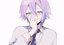 Rule 34 | 1boy, blue hair, blue necktie, blush, brown sweater, collared shirt, covering own mouth, facing viewer, kamishiro rui, long sleeves, looking to the side, male focus, multicolored hair, multicolored necktie, necktie, project sekai, purple hair, qi7pi, red necktie, school uniform, shirt, short hair, solo, sweater, white background, white shirt, yellow eyes