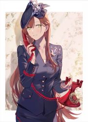 Rule 34 | 1girl, accessories, antique phone, beret, brown hair, collarbone, duoyuanjun, eyes visible through hair, floral print, formal, girls&#039; frontline, green eyes, hair behind ear, hair between eyes, hat, highres, holding, holding phone, long hair, looking at viewer, phone, rotary phone, solo, springfield (girls&#039; frontline), suit, talking on phone