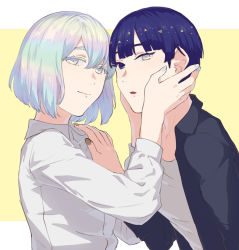 Rule 34 | 2others, alternate costume, androgynous, artist request, bad id, bad pixiv id, blue eyes, blue hair, blunt bangs, casual, colored eyelashes, contemporary, diamond (houseki no kuni), face-to-face, hand on another&#039;s face, hand on another&#039;s shoulder, heterochromia, highres, houseki no kuni, looking at viewer, multicolored eyes, multicolored hair, multiple others, nail polish, phosphophyllite, phosphophyllite (ll), rainbow eyes, rainbow hair, shirt, short hair, smile, spoilers, upper body, white eyes