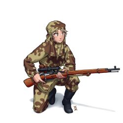 Rule 34 | 1girl, absurdres, ammunition pouch, arm on thigh, belt, black footwear, blonde hair, blush, bolt action, boots, brown eyes, buttons, camouflage, camouflage headwear, camouflage jacket, camouflage pants, closed mouth, commentary, detached hood, full body, gun, gun sling, highres, holding, holding gun, holding weapon, hood, jacket, kneeling, long sleeves, looking to the side, military, military uniform, mosin-nagant, on one knee, original, ostwindprojekt, pants, pants tucked in, pouch, rifle, scope, shadow, simple background, sniper rifle, solo, soviet, soviet army, string, uniform, weapon, white background, world war ii