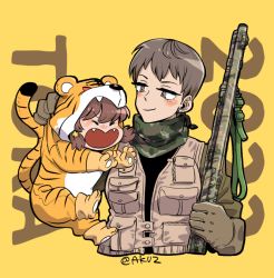 Rule 34 | 2022, 2girls, aged down, akutsu (demodori), alisa (girls und panzer), animal costume, animal print, text background, bandana, brown gloves, brown jacket, camouflage, chinese zodiac, closed eyes, closed mouth, commentary, cropped torso, earrings, fangs, frown, girls und panzer, gloves, green bandana, gun, hair ornament, half-closed eyes, holding, holding gun, holding person, holding weapon, jacket, jewelry, long sleeves, looking at another, low twintails, multiple girls, naomi (girls und panzer), new year, open mouth, romaji text, short hair, smile, star (symbol), star hair ornament, stud earrings, tactical clothes, tiger costume, tiger print, translated, twintails, twitter username, very short hair, weapon, year of the tiger, yellow background