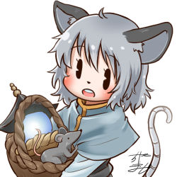 Rule 34 | 1girl, ahoge, animal ear fluff, animal ears, animal nose, basket, bishamonten&#039;s pagoda, black eyes, blush, capelet, chamaji, commentary request, grey hair, hair between eyes, holding, holding basket, long sleeves, lowres, mouse (animal), mouse ears, mouse tail, nazrin, open mouth, partial commentary, profile picture, round teeth, short hair, signature, simple background, solo, tail, teeth, touhou, upper body, white background