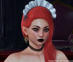 Rule 34 | 1girl, 3d, black lips, brown eyes, choker, earrings, eyelashes, freckles, frills, highres, jewelry, looking at viewer, maid, maid headdress, nose piercing, piercing, red hair, shiny skin, smile, solo focus, throne, throne room, wet