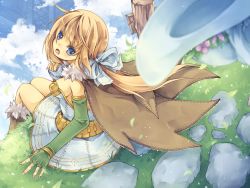 Rule 34 | 1girl, alchemist (ragnarok online), alternate color, blonde hair, blue bow, blue dress, blue eyes, blue sky, blush, boots, bow, breasts, brown cape, brown footwear, cape, cloud, commentary request, day, dress, elbow gloves, feet out of frame, fingerless gloves, floating island, flower, fur-trimmed boots, fur collar, fur trim, gloves, green gloves, hair bow, highres, in-universe location, long hair, looking at viewer, looking back, lunaraven, medium breasts, open mouth, outdoors, pink flower, ponytail, ragnarok online, short dress, sitting, sky, solo, strapless, strapless dress