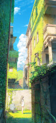 Rule 34 | 1girl, absurdres, alley, arm behind back, bare legs, barefoot, blue sky, blush, brick, brown hair, building, chen bin, chinese commentary, cloud, commentary request, day, grass, highres, holding own wrist, ivy, long hair, looking at viewer, original, outdoors, plant, ruins, scenery, shadow, shirt, short sleeves, sidelocks, sky, solo, standing, sunlight, white shirt, wide shot, yellow eyes