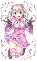 Rule 34 | 1girl, animal ears, black footwear, black gloves, blonde hair, blouse, blue eyes, blush, breasts, buttons, capelet, commentary request, double v, dress, frilled shirt, frills, full body, gloves, gluteal fold, hair ornament, hairclip, head tilt, knees together feet apart, long hair, long sleeves, looking at viewer, open mouth, original, panties, pantyshot, pinafore dress, pink capelet, pink dress, pleated skirt, ryo (botugo), shiny skin, shirt, side-tie panties, skirt, sleeveless, sleeveless dress, solo, striped clothes, striped thighhighs, tail, thigh gap, thighhighs, thighs, underwear, v, white panties, white shirt, zettai ryouiki