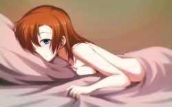 Rule 34 | 10s, 1girl, bed sheet, blue eyes, breast press, breasts, completely nude, hair over one eye, kosaka honoka, long hair, looking at viewer, love live!, love live! school idol project, lying, medium breasts, naked sheet, nanotsuki, nude, on bed, on stomach, orange hair, pillow, pov across bed, sheet grab, smile, solo, under covers