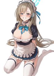 Rule 34 | 1girl, apron, asuna (blue archive), between breasts, black shirt, black skirt, blue archive, blue bow, blue eyes, blush, bow, breasts, brown hair, cleavage, frilled apron, frills, garter straps, grin, halo, highres, long hair, looking at viewer, maid headdress, medium breasts, mole, mole on breast, no shoes, pleated skirt, puffy short sleeves, puffy sleeves, seiza, shirt, short sleeves, simple background, sitting, skirt, smile, solo, suketoudara (artist), thighhighs, very long hair, waist apron, white apron, white background, white thighhighs