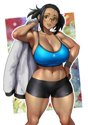 Rule 34 | 1girl, absurdres, arm up, armpits, arung samudra (cessa), black hair, black shorts, blue sports bra, breasts, cleavage, dark-skinned female, dark skin, erkaz, feet out of frame, glasses, hand on own hip, highres, holding, holding clothes, holding jacket, jacket, large breasts, linea alba, medium hair, midriff, navel, ombok diving and delivery services, outline, parted lips, round eyewear, shadow, shorts, smile, solo, sports bra, white outline