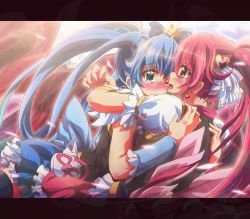 Rule 34 | 10s, 2girls, aino megumi, blue eyes, blue hair, blue skirt, crown, cure lovely, cure princess, earrings, hair ornament, happinesscharge precure!, highres, hug, inoshishi (ikatomo), jewelry, long hair, magical girl, multiple girls, open mouth, pink eyes, pink hair, ponytail, precure, shirayuki hime, skirt, thighhighs, twintails, wide ponytail, wrist cuffs