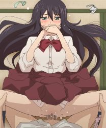 Rule 34 | 10s, 1boy, 1girl, amaama to inazuma, black hair, blouse, blush, bow, censored, clothed sex, collared shirt, condom, condom wrapper, covering own mouth, dress shirt, green eyes, hair between eyes, hand over own mouth, hetero, iida kotori, jaggy lines, kneehighs, long hair, lying, missionary, mosaic censoring, oekaki, on back, panties, panties around leg, penis, pov, pov crotch, pussy, school uniform, sex, shirt, skirt, sleeves rolled up, socks, solo focus, spread legs, sweat, tatami, tomu (tomubobu), underwear, used condom, vaginal, white shirt