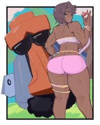 Rule 34 | absurdres, ass, bootscoot, breasts, creatures (company), game freak, gen 4 pokemon, highres, huge ass, large breasts, looking back, muscular, muscular female, nintendo, olivia (pokemon), pink shorts, poke ball, pokemon, pokemon sm, probopass, shorts