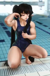 Rule 34 | 1girl, absurdres, biceps, black hair, black ribbon, breasts, feet, hair ribbon, hand up, highres, kneeling, lilith parker (novcel), long hair, medium breasts, muscular, muscular female, novcel, one-piece swimsuit, one eye closed, original, pointy ears, pool, poolside, ribbon, school swimsuit, squatting, swimsuit, thick lips, thighs, twintails, very long hair, yellow eyes