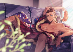 Rule 34 | 1boy, brown hair, cape, closed mouth, commentary request, couch, creatures (company), cushion, dark-skinned male, dark skin, earrings, fur-trimmed cape, fur trim, game freak, holding, jewelry, jiao mao, knees, lying, male focus, nintendo, nipples, on back, on couch, pokemon, pokemon swsh, raihan (pokemon), red cape, smile, solo, spread legs, undercut