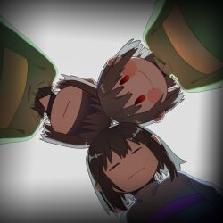 Rule 34 | 3others, :|, absurdres, androgynous, blue sweater, blush stickers, brown hair, chara (undertale), child, chinese commentary, closed mouth, collared shirt, commentary request, covered eyes, deltarune, expressionless, frisk (undertale), from below, green sweater, half-closed eyes, heads together, highres, kris (deltarune), looking at viewer, multiple others, no nose, other focus, red eyes, shaded face, shirt, short hair, simple background, smile, solid oval eyes, squinting, sweater, theskyisblue093, turtleneck, turtleneck sweater, undertale, upper body, vignetting, white background
