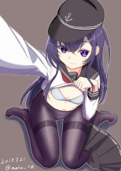 Rule 34 | 1girl, akatsuki (kancolle), anchor symbol, arm up, black hat, black sailor collar, black skirt, blue bra, blue panties, blush, bra, brown background, closed mouth, clothes lift, commentary request, dated, flat cap, flat chest, from above, hat, kantai collection, lifted by self, long hair, long sleeves, looking at viewer, looking up, moke ro, navel, outline, outstretched arm, panties, panties under pantyhose, pantyhose, pleated skirt, purple eyes, purple hair, purple pantyhose, red neckwear, sailor collar, selfie, shirt, shirt lift, simple background, sitting, skirt, skirt around one leg, smile, solo, thighband pantyhose, twitter username, underwear, very long hair, wariza, white outline, white shirt