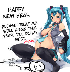 Rule 34 | akeome, aqua eyes, aqua hair, between breasts, black legwear, blush, breasts, feet, happy new year, hard-translated, hatsune miku, imazon, navel, necktie, new year, open clothes, open shirt, pregnant, shirt, skirt, socks, squatting, text focus, thighhighs, third-party edit, tongue, translated, twintails, vocaloid