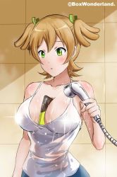 Rule 34 | 1girl, artist name, bathroom, between breasts, blonde hair, blush, box wonderland, breasts, cellphone, censored nipples, cleavage, daiba nana, green eyes, highres, indoors, iphone, large breasts, object between breasts, parted lips, phone, see-through, shirt, short hair, shoujo kageki revue starlight, shower head, showering, smartphone, solo, sparkle, standing, tiles, twintails, wet, wet clothes, wet shirt