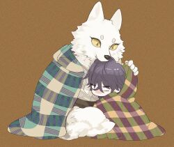 Rule 34 | 2boys, animal ears, blanket, body fur, brown background, chibi, closed eyes, closed mouth, colored sclera, full body, fw kisskiss, highres, leaning on person, looking at another, male focus, multiple boys, purple hair, remnant kemonohito omegaverse, short eyebrows, short hair, simple background, sitting, smile, tail, white fur, wolf boy, wolf ears, wolf tail, yellow eyes, yellow sclera