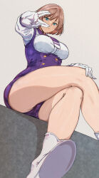 Rule 34 | 1girl, alp, blue eyes, boots, breasts, crossed legs, gloves, grey hair, gridman universe, hand on own knee, hand up, highres, instance domination, large breasts, looking at viewer, mujina, necktie, purple necktie, purple shorts, shirt, short hair, short necktie, short shorts, shorts, sitting, smile, solo, ssss.dynazenon, thighs, underbust, white footwear, white gloves, white shirt