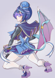 Rule 34 | 1girl, absurdres, beret, blue-tinted eyewear, blue eyes, blue footwear, blue hair, blue hat, blush, bob cut, bow, cape, corset, demon girl, demon tail, demon wings, dress, female focus, full body, gloves, hat, heels, high heels, highres, huge filesize, lil-la (yu-gi-oh!), long sleeves, looking at viewer, looking back, multicolored hair, purple hair, ribbon, simple background, skirt, solo, sunglasses, tagme, tail, thighhighs, tinted eyewear, visor, wings, yu-gi-oh!, yu-gi-oh! duel monsters
