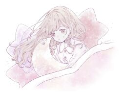 Rule 34 | 1girl, blanket, blush, brown hair, buttons, collared shirt, crescent, crying, holding, kotono n0, long hair, long sleeves, looking at viewer, moon, original, pajamas, pale color, parted lips, pastel colors, pillow, shirt, simple background, solo, star (symbol), tears, under covers, upper body, white background, white shirt