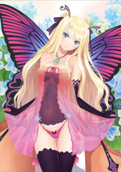 Rule 34 | 1girl, bare shoulders, black gloves, blonde hair, blue eyes, bow, bow panties, breasts, butterfly wings, cameltoe, cleavage, colored eyelashes, covered navel, day, elbow gloves, gloves, hair ribbon, head tilt, highleg, highleg panties, highres, insect wings, jewelry, long hair, necklace, original, outdoors, panties, pink panties, ribbon, scan, smile, solo, thigh gap, thighhighs, tony taka, two side up, underwear, wings