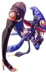 Rule 34 | 1girl, arm rest, ass, back cutout, black pantyhose, blue hat, bow, capelet, clothing cutout, covered eyes, flexible, from side, genshin impact, gold footwear, hair ribbon, hat, hat bow, high heels, highres, jack-o&#039; challenge, legs apart, leotard, meme, mona (genshin impact), pantyhose, profile, purple hat, ribbon, solo, sparkle hair ornament, sparkle print, thighlet, top-down bottom-up, twintails, uenoryoma, witch hat