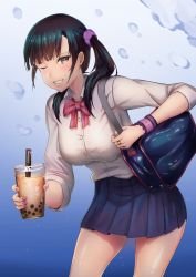 Rule 34 | 1girl, ;), bad id, bad pixiv id, bag, black hair, blue background, blue skirt, bookbag, bow, breasts, brown eyes, bubble tea, cup, drinking straw, hair ornament, hair scrunchie, highres, holding, holding cup, jewelry, lanzer, large breasts, lipstick, makeup, milk tea, nail polish, one eye closed, original, parted lips, pink nails, pleated skirt, purple scrunchie, red bow, ring, school uniform, scrunchie, shirt, simple background, skirt, smile, solo, twintails, white shirt, wristband