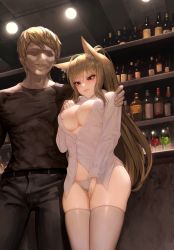 Rule 34 | 1boy, 1girl, absurdres, animal ears, bar (place), belt, blonde hair, commission, egk513, embarrassed, faceless, faceless male, fur, highres, indoors, korean text, lips, long hair, looking down, nipples, open clothes, open shirt, panties, pussy, red eyes, skindentation, standing, underwear, white legwear, white panties