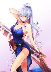 Rule 34 | 1girl, ahoge, artist request, braid, breasts, cleavage, cowboy shot, dress, formal, gradient background, granblue fantasy, gun, hair between eyes, halterneck, hand in own hair, highres, large breasts, long hair, navel, pink background, rifle, side braid, silva (gentian blue) (granblue fantasy), silva (granblue fantasy), silver hair, solo, standing, thighs, twin braids, very long hair, wavy hair, weapon, white background, yellow eyes