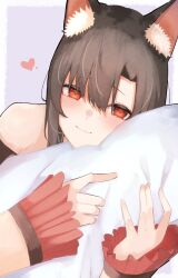 Rule 34 | 1girl, absurdres, animal ears, blush, brown hair, closed mouth, grey background, heart, highres, imaizumi kagerou, long sleeves, looking at viewer, pillow, pollux368, red eyes, simple background, solo, touhou, wolf ears, wolf girl
