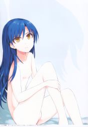 Rule 34 | 1girl, absurdres, asterisk (asterism), blue hair, breasts, brown eyes, closed mouth, collarbone, frown, hair between eyes, highres, idolmaster, idolmaster (classic), kisaragi chihaya, long hair, looking up, nipples, nude, page number, scan, sitting, small breasts, solo, straight hair, very long hair