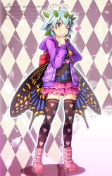 Rule 34 | 1girl, alternate costume, antennae, aqua hair, argyle, argyle background, argyle clothes, bag, black shirt, black thighhighs, black wings, blouse, blue hair, boots, brown eyes, butterfly wings, casual, chima q, contemporary, crime prevention buzzer, eternity larva, full body, hair ornament, hand on own head, hand on own hip, heart, heart print, highres, hood, hoodie, insect wings, leaf, leaf hair ornament, leaf on head, long sleeves, miniskirt, one eye closed, pink footwear, pink skirt, purple hoodie, red bag, shirt, skirt, smile, socks, solo, standing, thighhighs, touhou, wings, yellow wings, zettai ryouiki