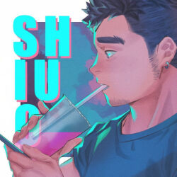 Rule 34 | 1boy, bara, cup, disposable cup, drinking, earrings, facial hair, from side, furrowed brow, goatee stubble, holding, holding phone, jewelry, long sideburns, lowres, male focus, mature male, original, phone, portrait, profile, qingwaoo liao, short hair, sideburns, sideburns stubble, solo, stubble, thick eyebrows