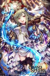 Rule 34 | 1girl, :d, arm up, black thighhighs, blue flower, blue rose, blue sleeves, breasts, copyright name, detached sleeves, dress, floating hair, flower, from below, gabiran, grand sphere, green hair, hair between eyes, hair ornament, holding, holding instrument, holding violin, indoors, instrument, long hair, looking at viewer, medium breasts, music, open mouth, playing instrument, red eyes, rose, short dress, short sleeves, sleeveless, sleeveless dress, smile, solo, standing, thighhighs, very long hair, violin, white dress, wrist flower, zettai ryouiki