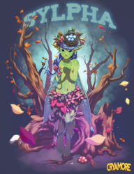 Rule 34 | 1girl, barefoot, bird nest, black eyes, black hair, breasts, colored skin, cryamore, egg, floating, flower, green skin, long hair, monster girl, object on head, official art, plant girl, pointy ears, robaato, small breasts, smile, solo, sylpha (cryamore), topless, tree stump, wings