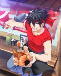 Rule 34 | 1boy, apron, black apron, black hair, blue eyes, blue pants, card (medium), character name, counter, denim, food, headband, highres, inohara masato, jeans, ladle, little busters!, male focus, meat, noodle strainer, noodles, noren, open mouth, pants, ramen, red headband, red shirt, satomi yoshitaka, shirt, sleeves rolled up, solo, spiked hair, strainer, teeth, upper teeth only