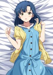Rule 34 | 1girl, bed sheet, blue dress, blue hair, blush, braid, breasts, buttons, collar, collarbone, collared dress, cowboy shot, dated, dot nose, dress, eyelashes, hands up, happy birthday, highres, idolmaster, idolmaster million live!, idolmaster million live! theater days, looking at viewer, lying, medium hair, nanao yuriko, official alternate costume, on back, on bed, open clothes, open mouth, open shirt, parted bangs, ponpon, puffy short sleeves, puffy sleeves, shirt, short sleeves, signature, single braid, small breasts, solo, straight-on, waist ribbon, white collar, yellow eyes, yellow shirt